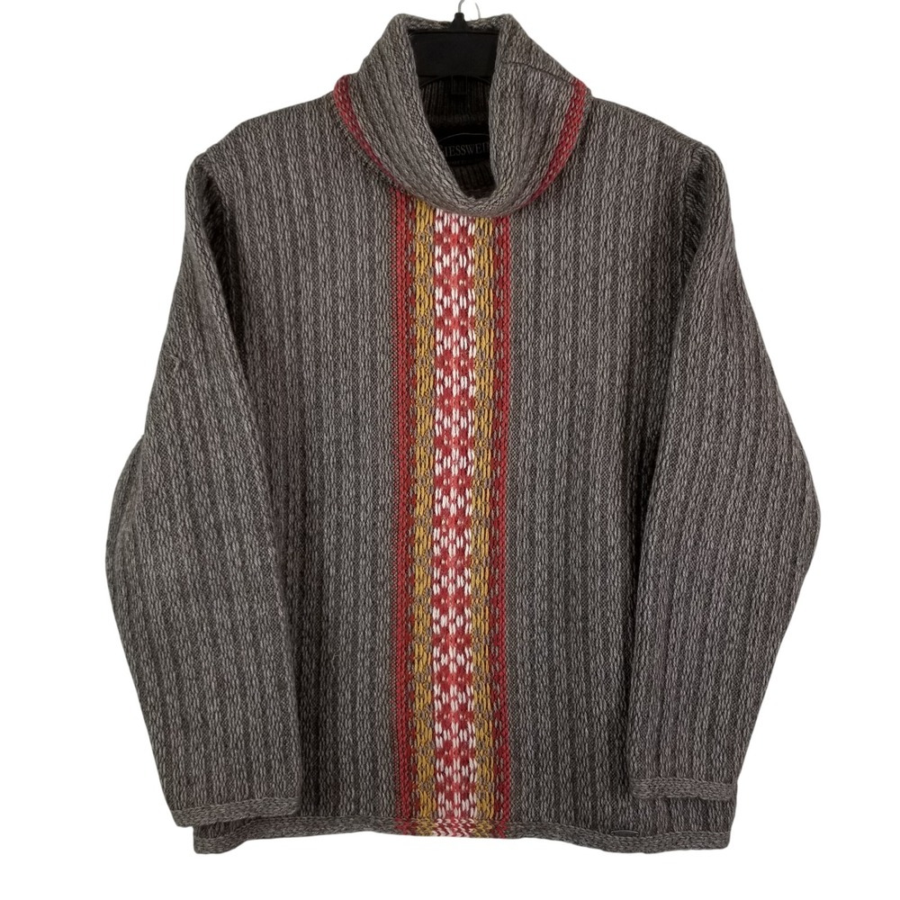 Giesswein Austria Wool Alpaca Cowl Neck Sweater Grey Red Fair Isle Womens 46 L